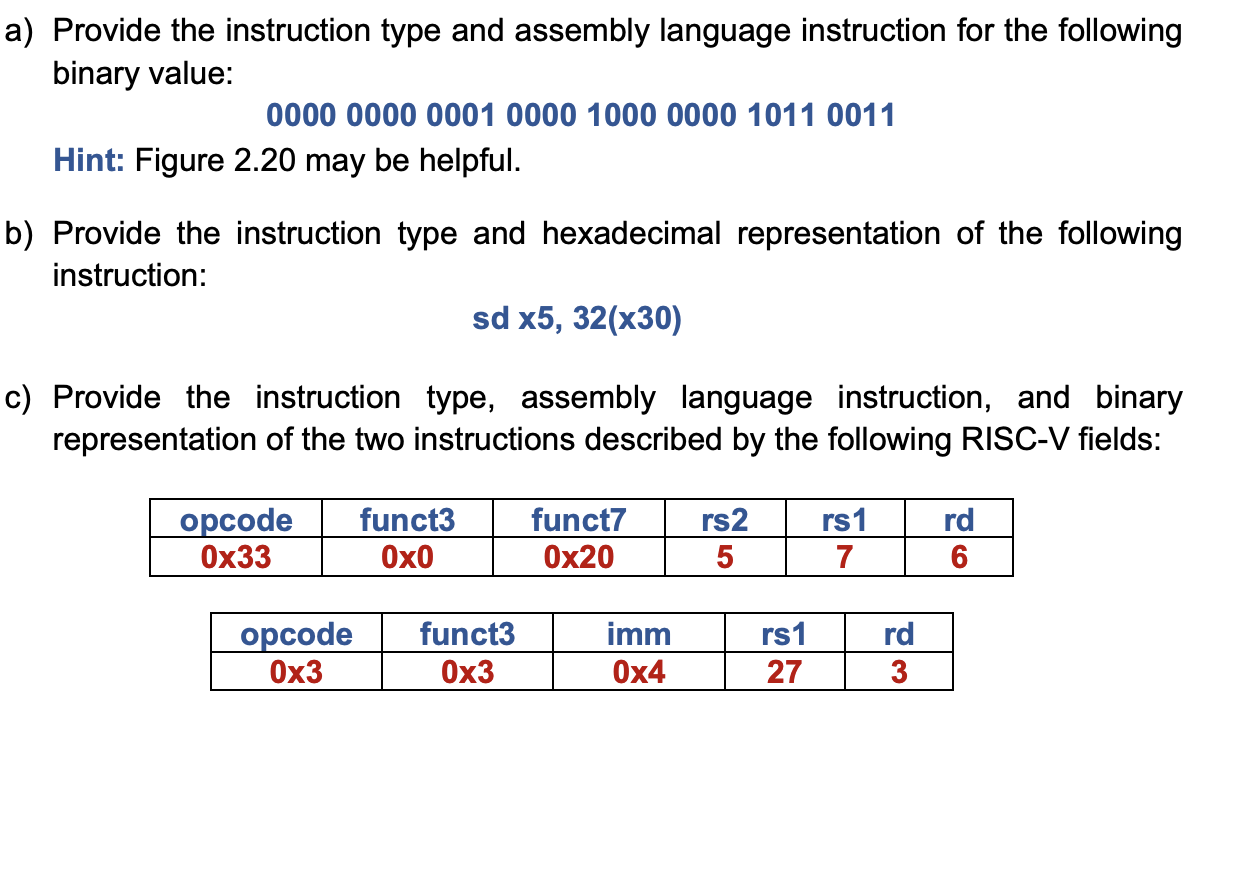 Solved a) Provide the instruction type and assembly language