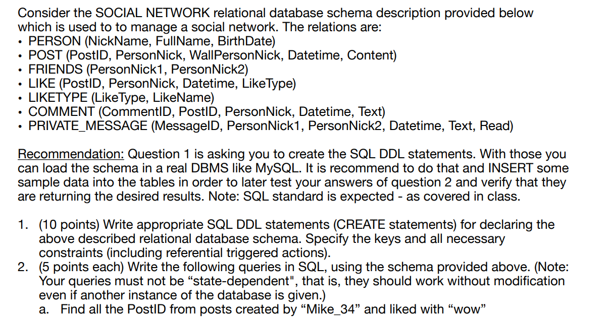 Solved Consider the SOCIAL NETWORK relational database | Chegg.com