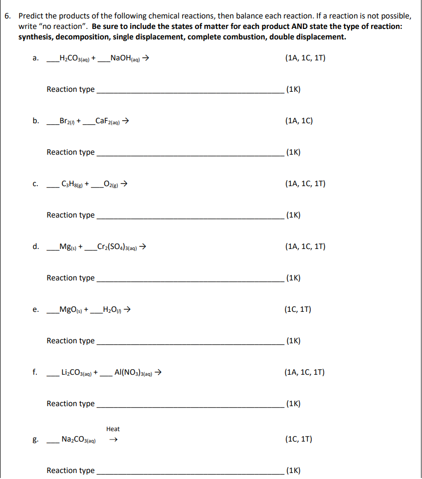 Solved 6. Predict The Products Of The Following Chemical 