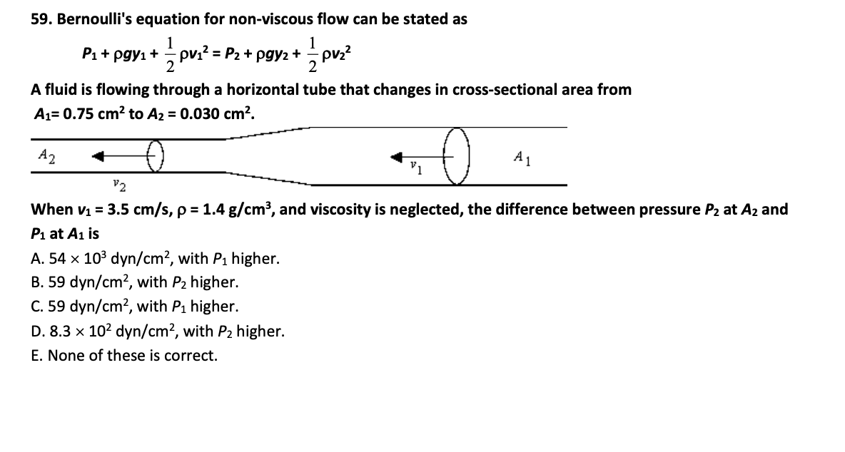 Solved 59. Bernoulli's equation for non-viscous flow can be | Chegg.com