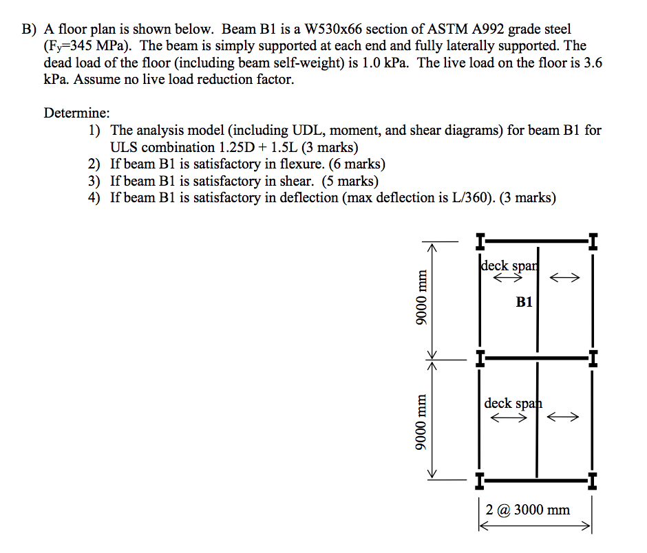 Solved B) A floor plan is shown below. Beam B1 is a W530x66 | Chegg.com