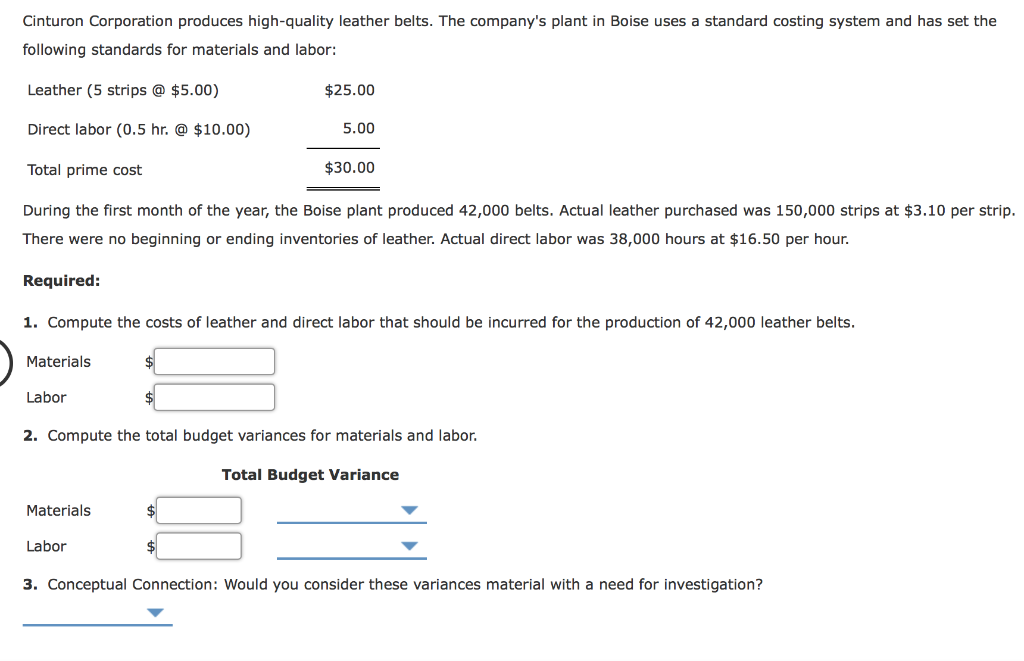 Solved Cinturon Corporation produces high-quality leather | Chegg.com