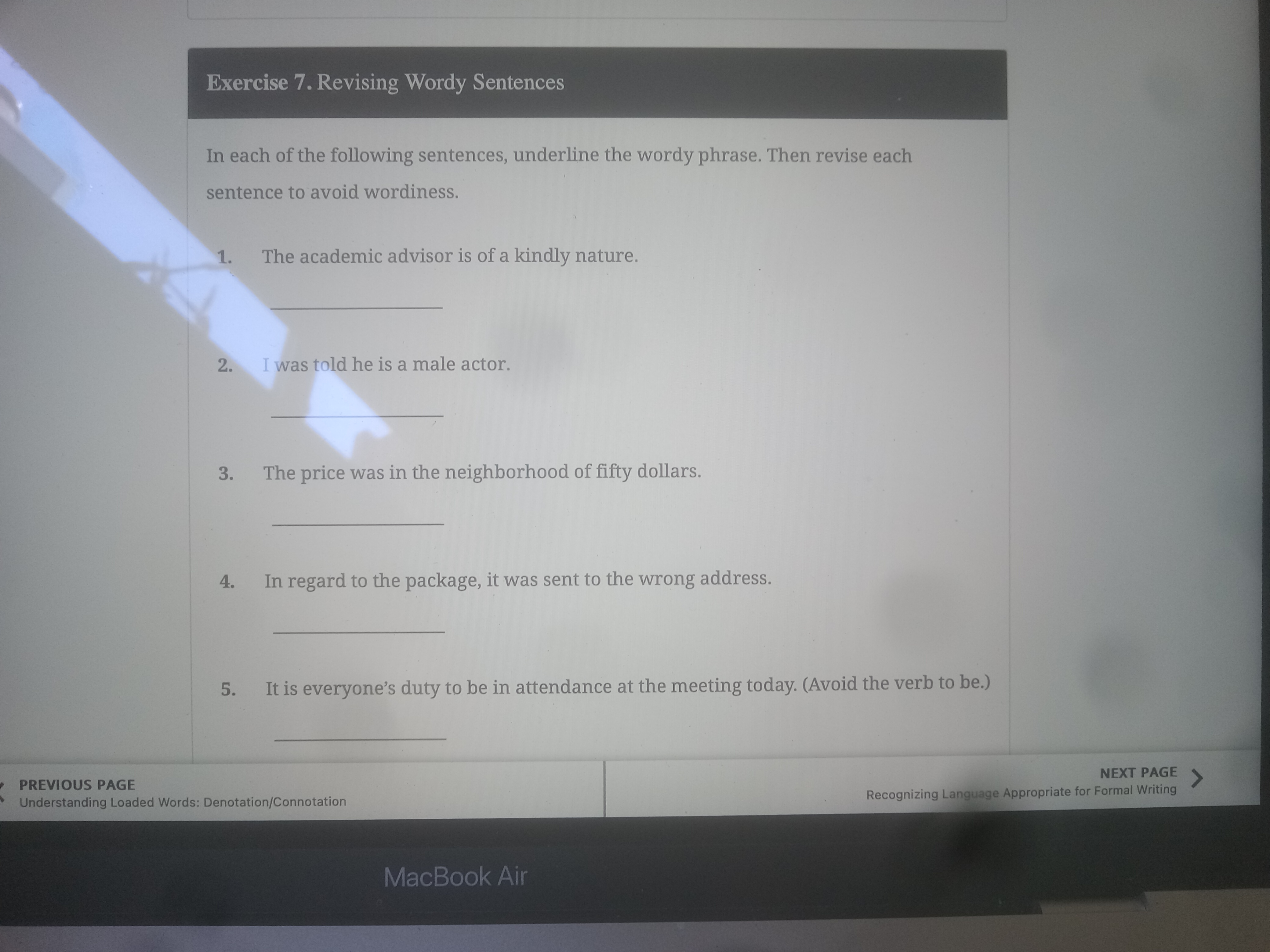 Solved Exercise 7. ﻿Revising Wordy SentencesIn each of the | Chegg.com
