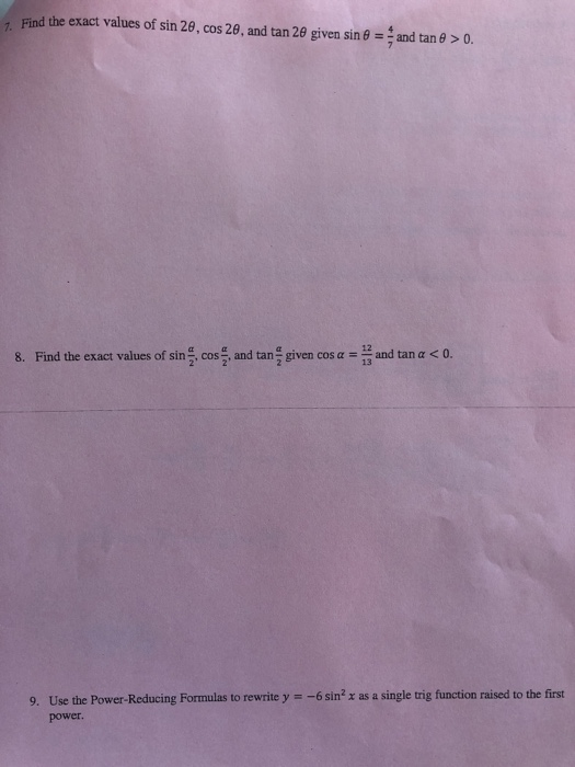 Solved 7. Find the exact values of sin 26, cos 28, and tan | Chegg.com