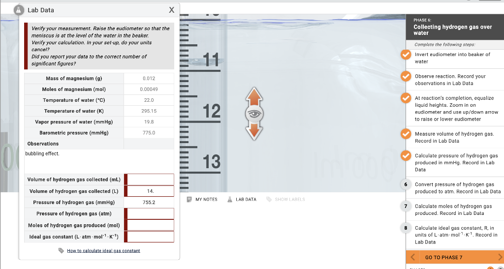 Lab Data х PHASE 6 Collecting hydrogen gas over water