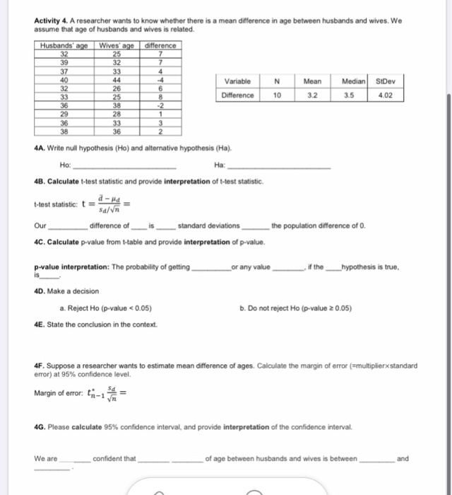 Solved Activity 4. A researcher wants to know whether there | Chegg.com