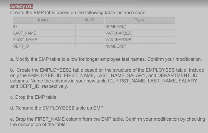 Solved Activity 01: Create the EMP table based on the | Chegg.com