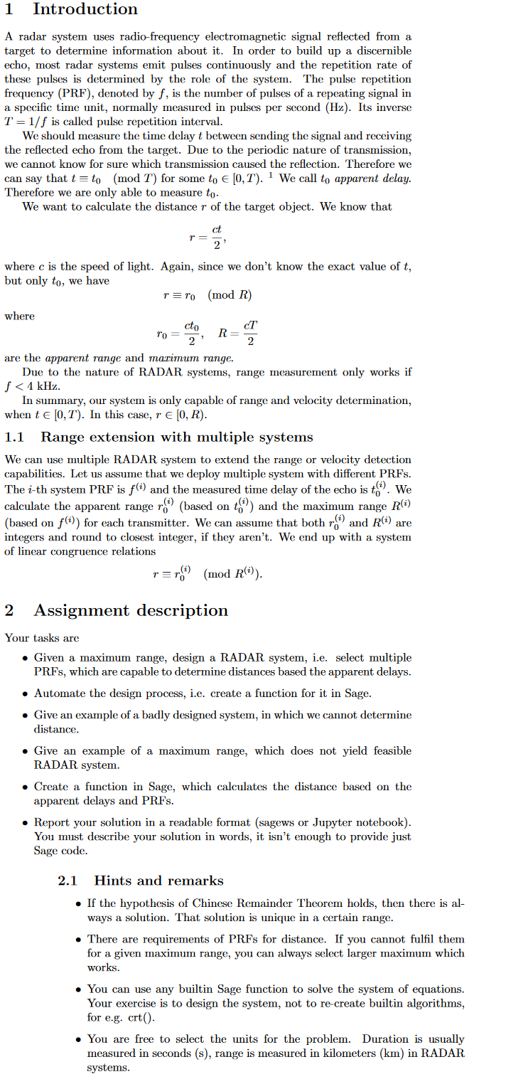 1 Introduction A radar system uses radio-frequency | Chegg.com