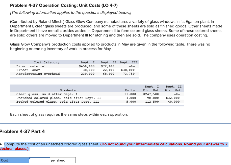 Solved Problem 4-37 Operation Costing; Unit Costs (LO 4-7) | Chegg.com