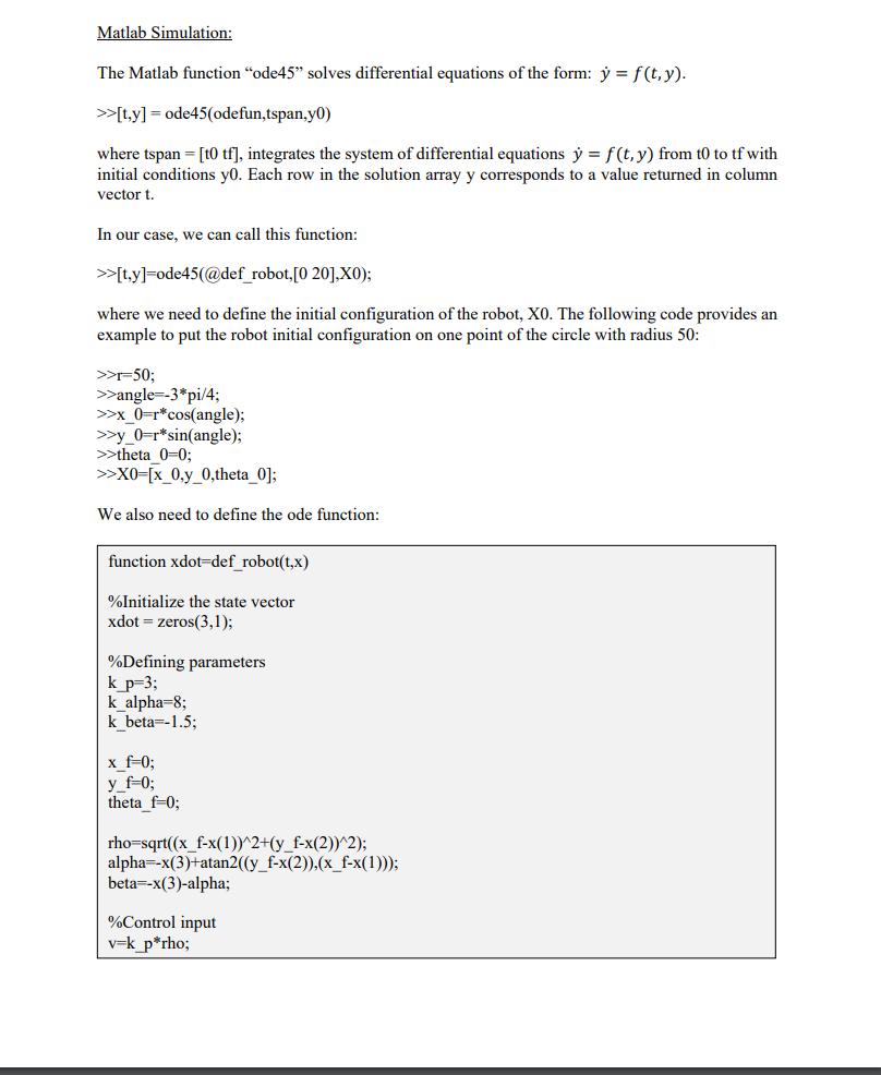 Solved Matlab Simulation The Matlab Function Ode45 Sol Chegg Com