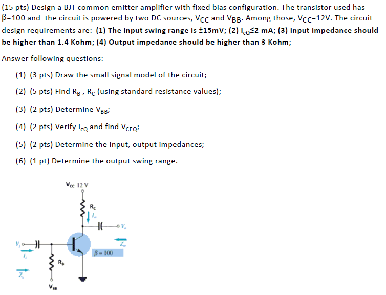 Solved Design a BJT common Emitter amplifier with fixed | Chegg.com