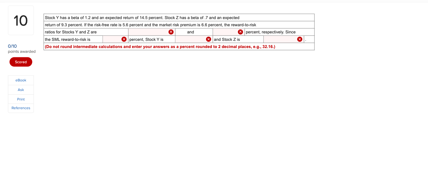 Solved 10 Stock Y has a beta of 1.2 and an expected return