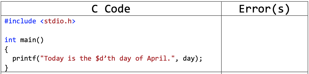 Solved Error Types For each of the C code snippets below, | Chegg.com