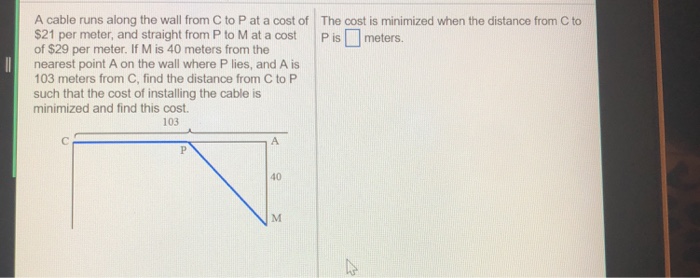 Solved A cable runs along the wall from C to P at a cost of