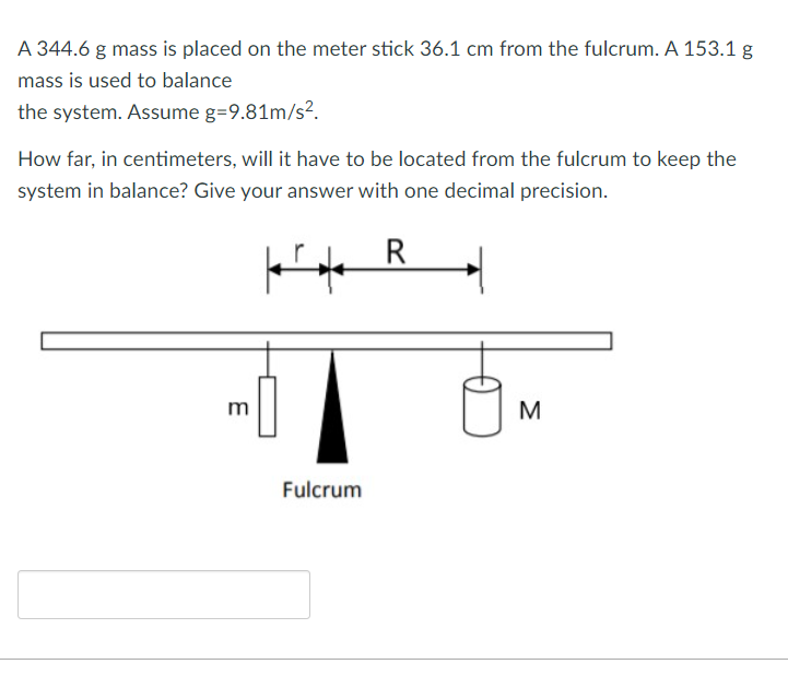 Solved A 344.6 g mass is placed on the meter stick 36.1 cm | Chegg.com