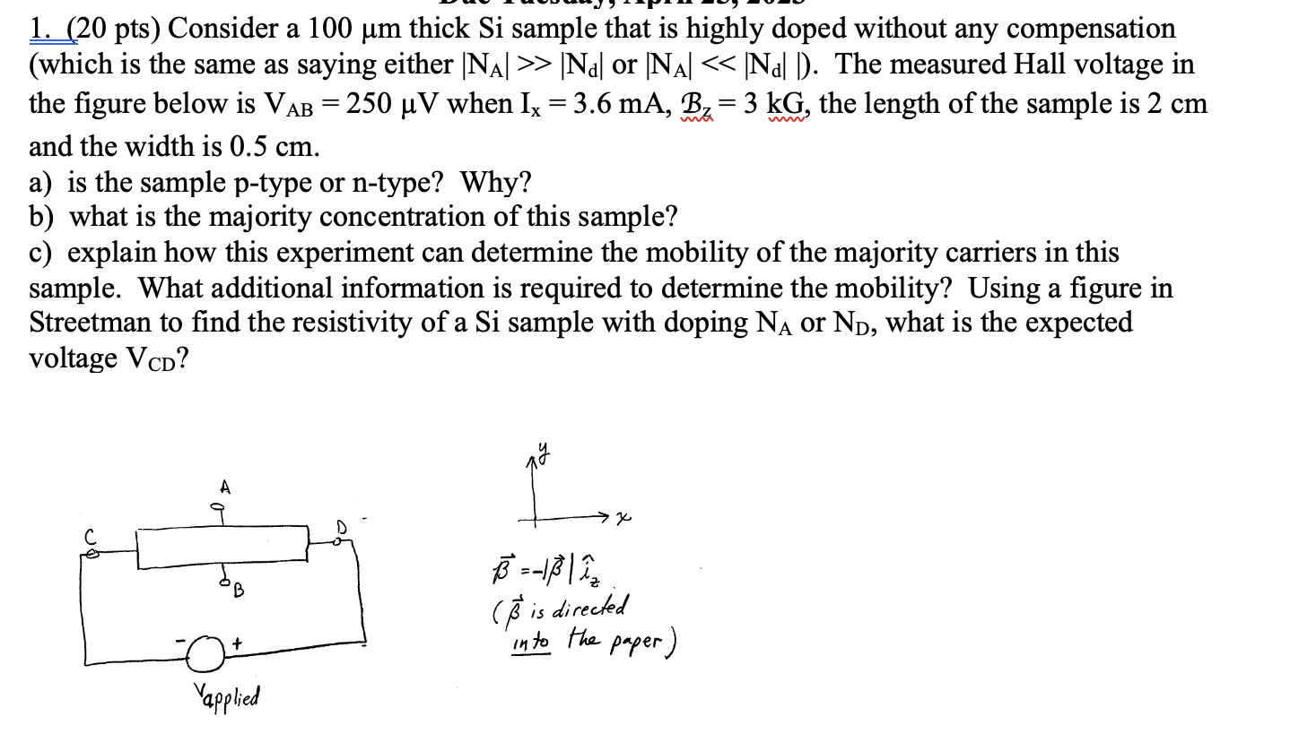 Solved 1. (20 pts) Consider a 100μm thick Si sample that is | Chegg.com