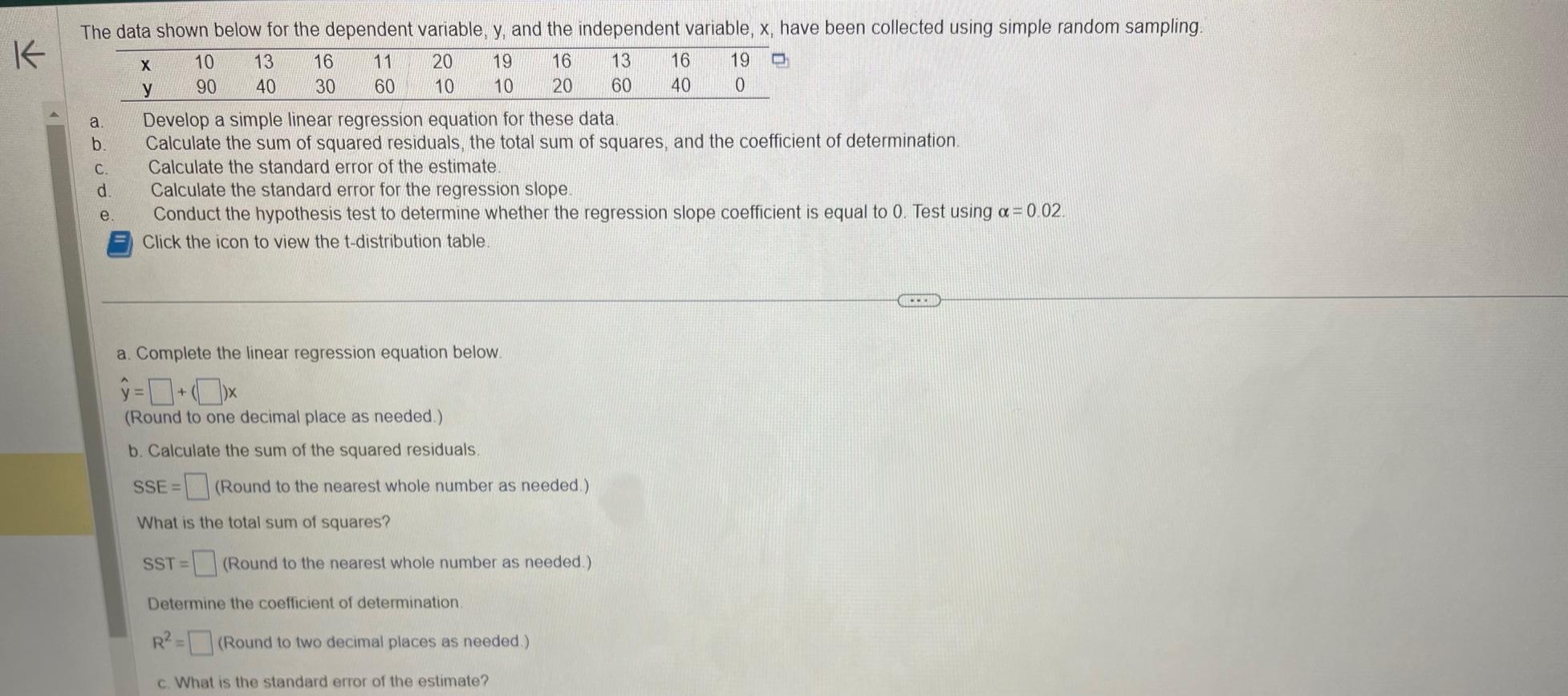 a. Develop a simple linear regression equation for these data.
b. Calculate the sum of squared residuals, the total sum of sq