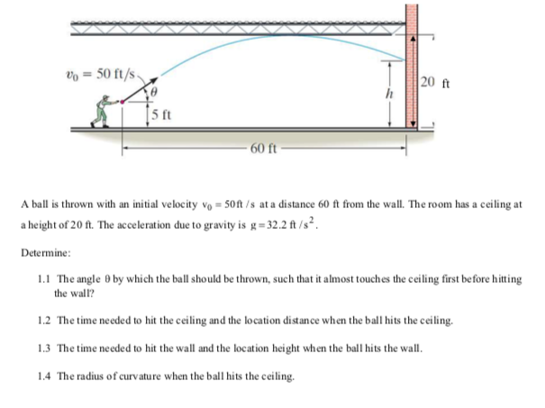 Solved V = 50 ft/s 20 ft 4 5 ft 60 ft A ball is thrown with | Chegg.com