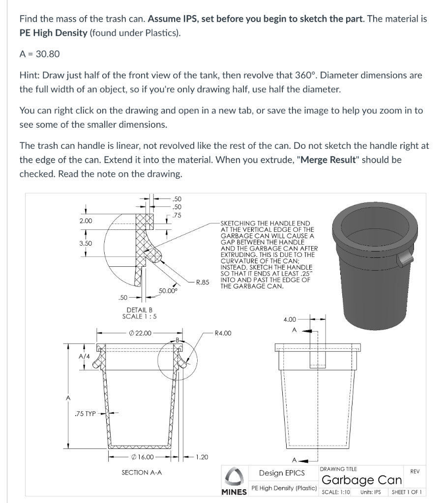 Solved Find the mass of the trash can. Assume IPS, set | Chegg.com