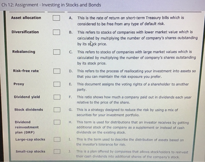 assignment chapter 12 investing in stocks and bonds