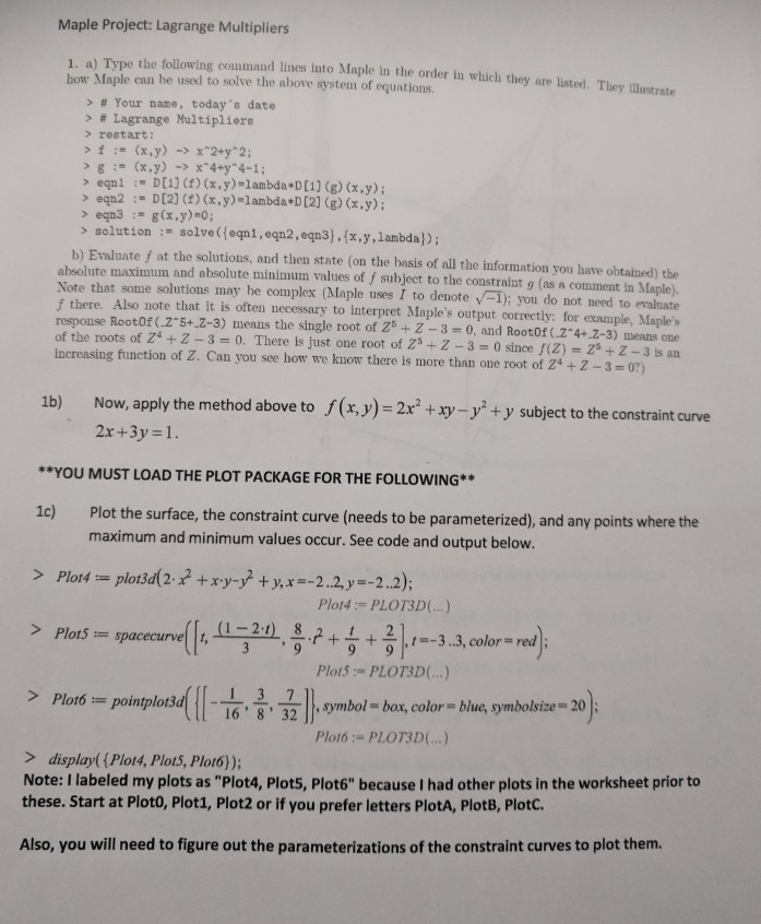 Solved Maple Project: Lagrange Multipliers 1. a) Type the | Chegg.com