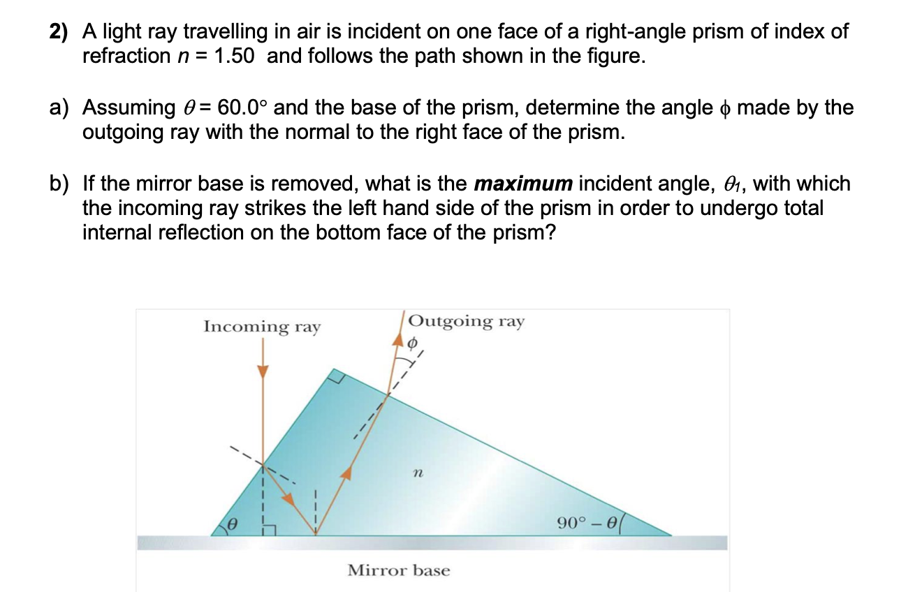 Solved A light ray travelling in air is incident on one face | Chegg.com