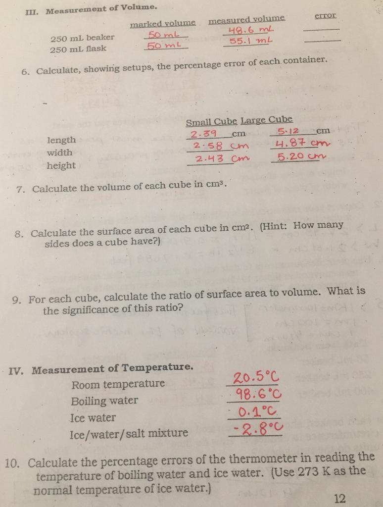 Iii Measurement Of Volume Error Marked Volume 50 Ml Chegg Com