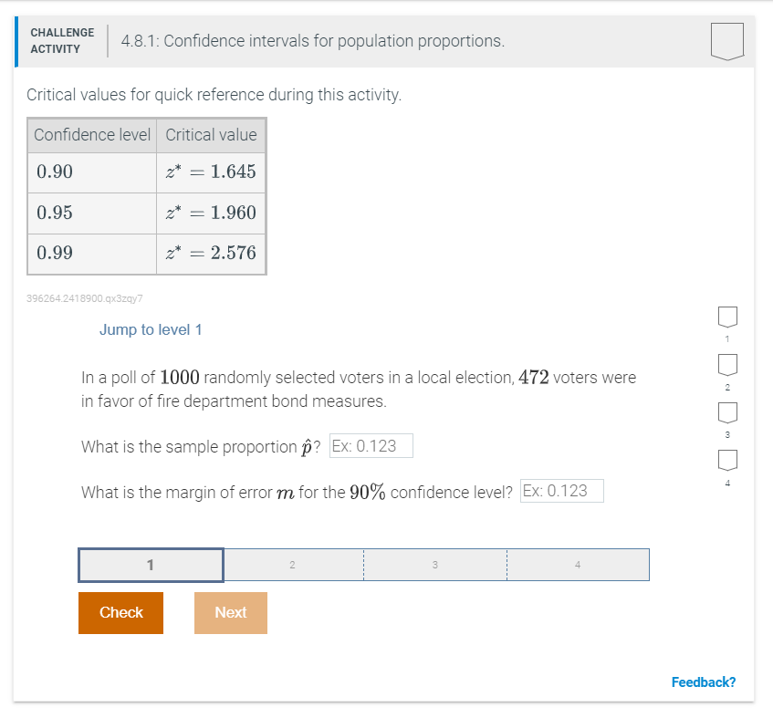 Solved CHALLENGE ACTIVITY 4.8.1: Confidence intervals for | Chegg.com