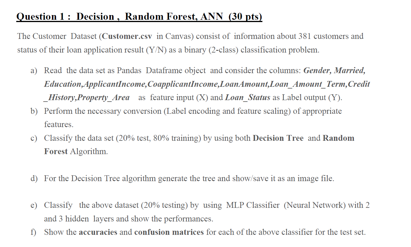 Solved Question 1: Decision , Random Forest, ANN (30 pts) | Chegg.com