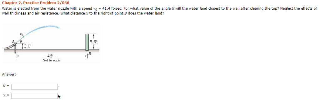 Chapter 2, practice problem 2/036 water is ejected from the water nozzle with a speed vo-41.4 ft/sec. for what value of the a