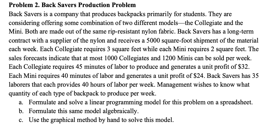 Solved Problem 2. Back Savers Production Problem Back Savers | Chegg.com
