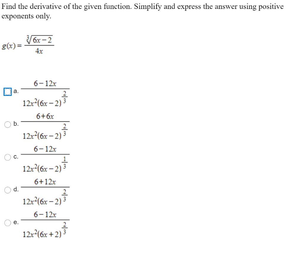 Solved Find the derivative of the given function. Simplify | Chegg.com