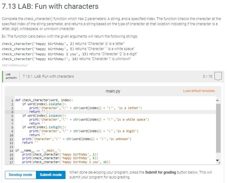 Solved 7.13 LAB: Fun with characters Complete the | Chegg.com