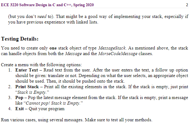 ECE 3220 Software Design in C and C++, Spring 2020 | Chegg.com