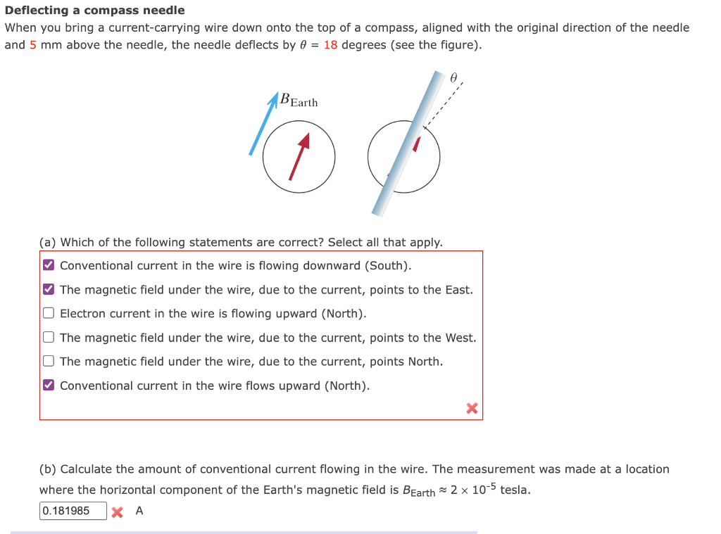 Deflecting a compass needle
When you bring a current-carrying wire down onto the top of a compass, aligned with the original 