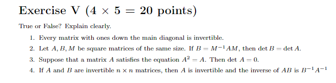 Solved Exercise V (4×5=20 points ) True or False? Explain | Chegg.com