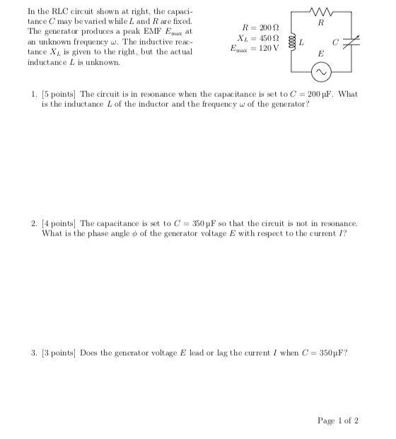 Solved In The Rlc Circuit Shown At Right The Capaci Tan Chegg Com