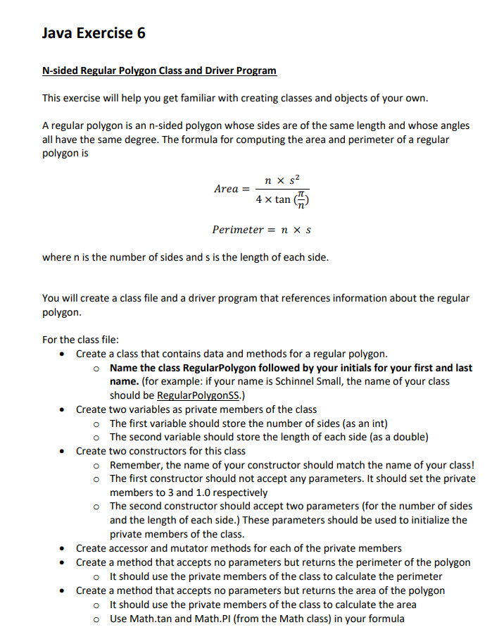 Solved Java Exercise 6 N-sided Regular Polygon Class and | Chegg.com