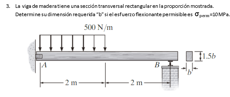 3. La viga de madera tiene una sección transversal rectangular en la proporción mostrada. Determine su dimensión requerida