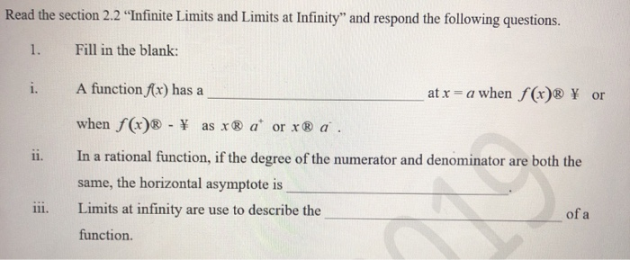 Solved Read the section 2.2 "Infinite Limits and Limits at | Chegg.com