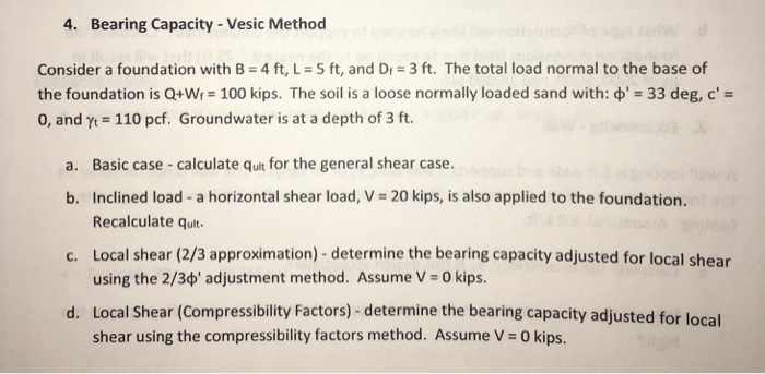 Solved 4. Bearing Capacity-Vesic Method Consider a | Chegg.com