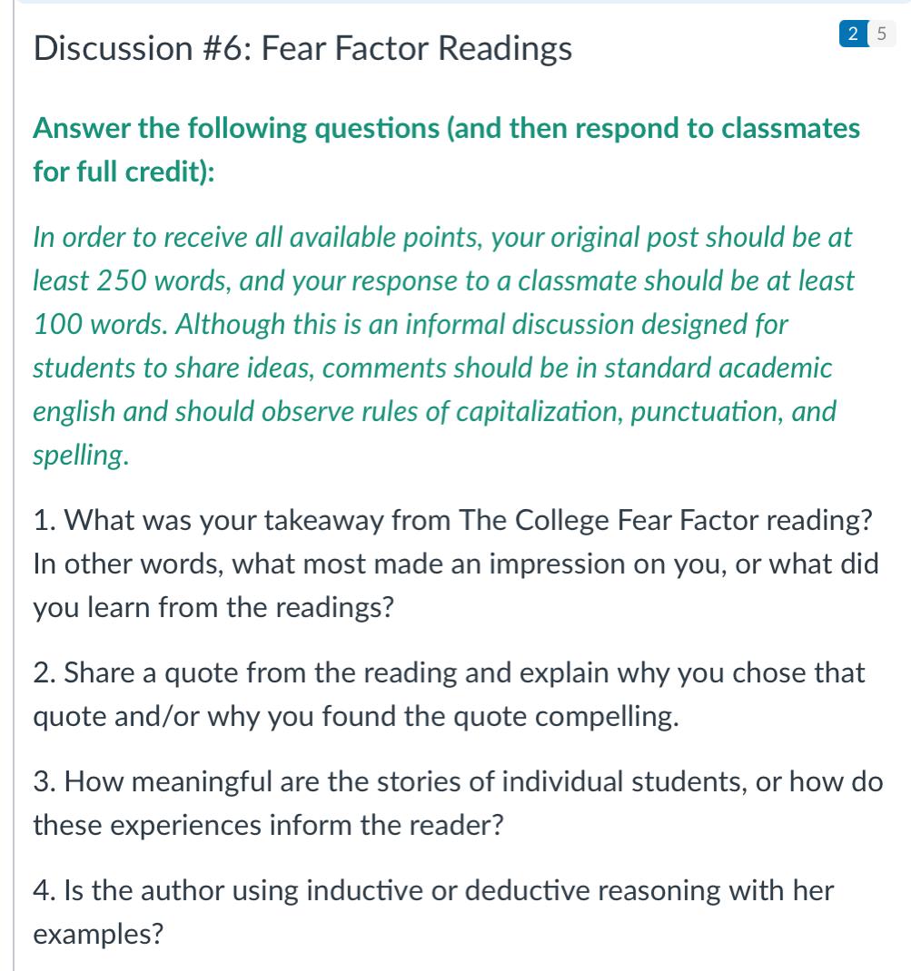 Solved 2 5 Discussion #6: Fear Factor Readings Answer the | Chegg.com