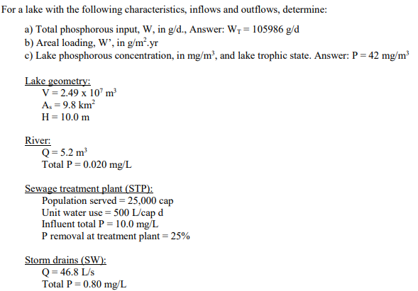 For A Lake With The Following Characteristics Chegg Com