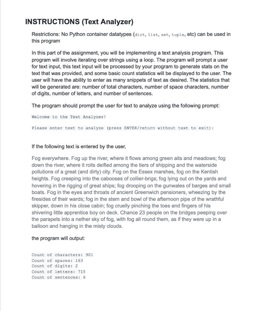 INSTRUCTIONS (Text Analyzer) Restrictions: No Python | Chegg.com