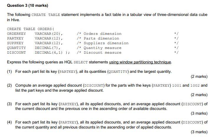 Solved Question 3 (10 marks) The following CREATE TABLE | Chegg.com