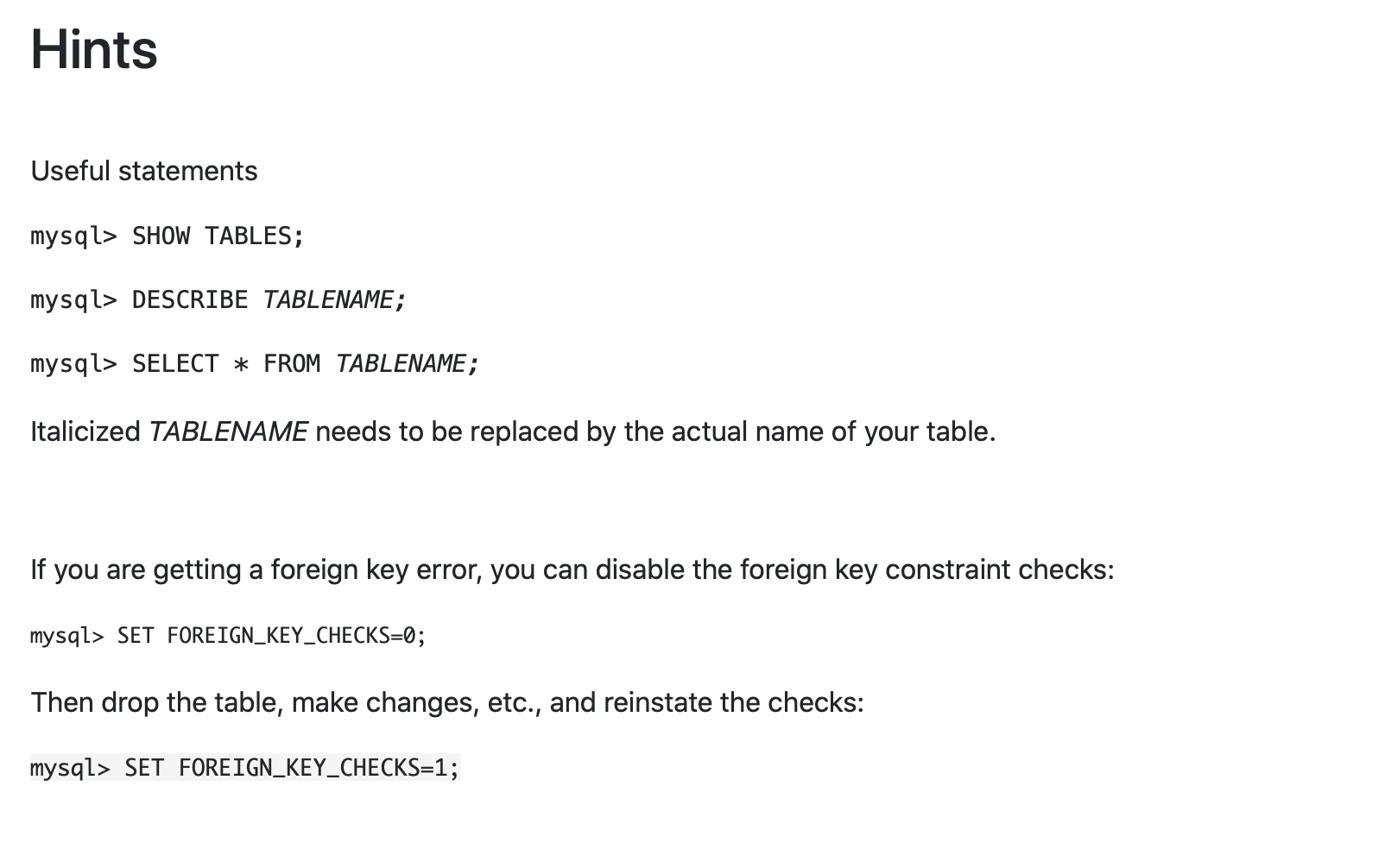 Solved Hints Useful Statements Mysql Show Tables Mysql 