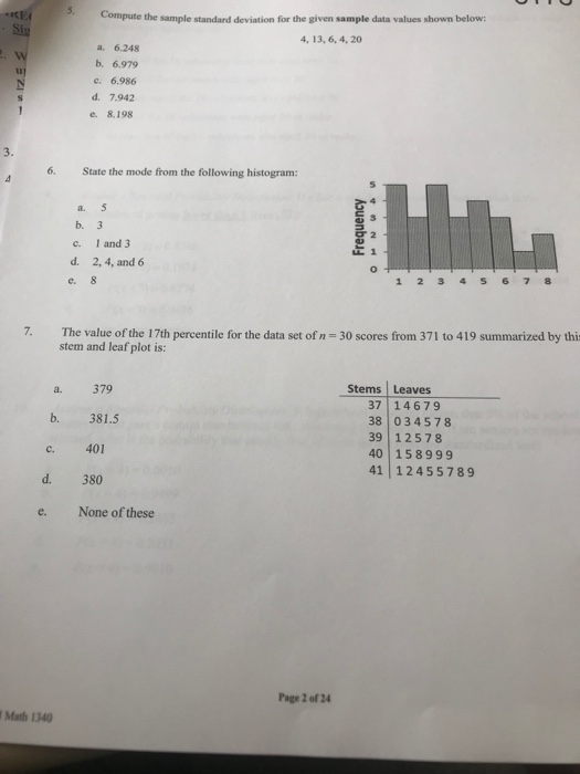 Solved 5. Compute the sample standard deviation for the | Chegg.com