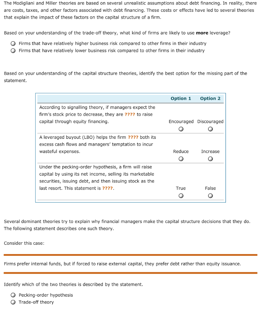 Solved The Modigliani and Miller theories are based on | Chegg.com