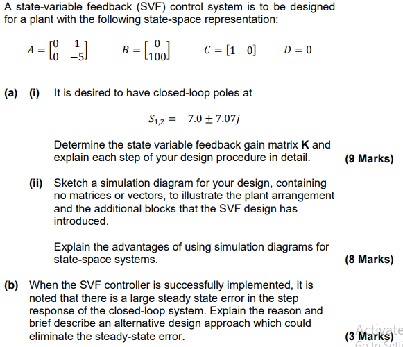 Solved A state-variable feedback (SVF) control system is to | Chegg.com
