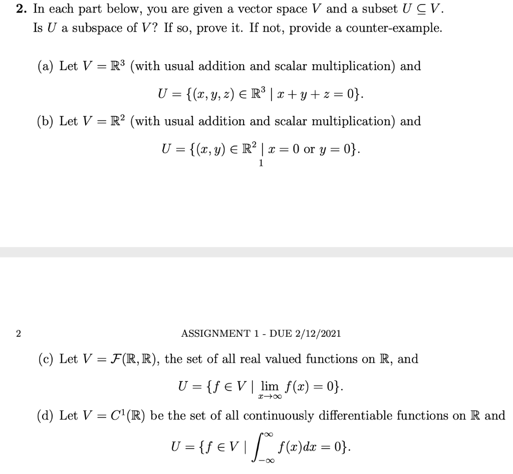 Solved 2. In Each Part Below, You Are Given A Vector Space V | Chegg.com